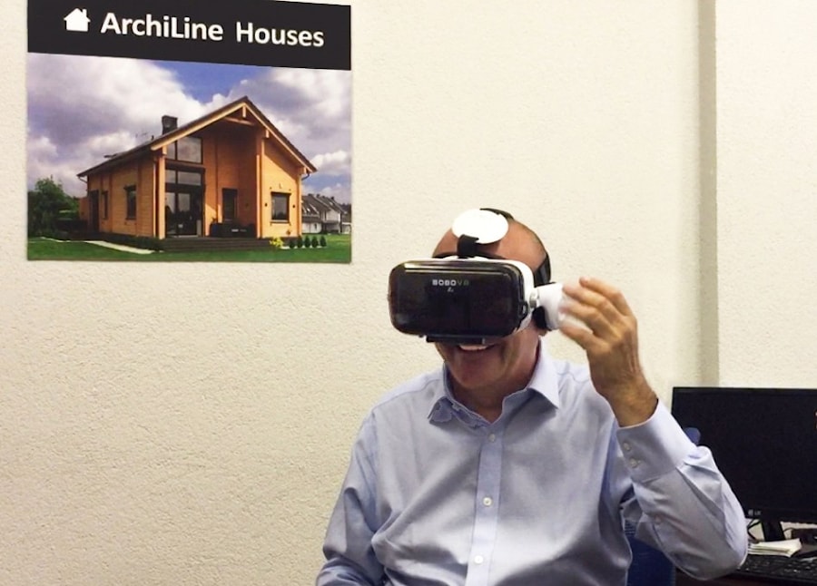 Как посмотреть 3D тур по деревянному дому и бане "Мираж" в очках виртуальной реальности в офисе ArchiLine Wooden Houses