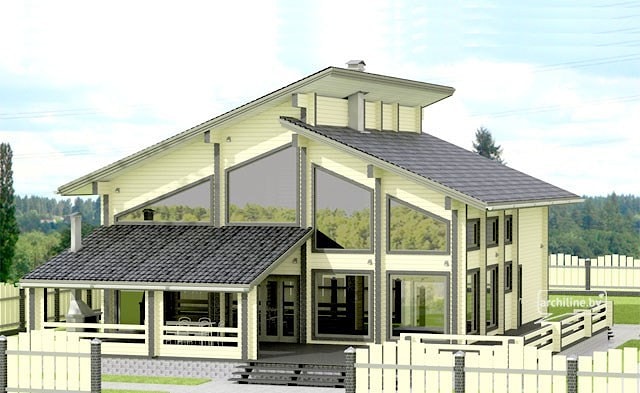 Огромный деревянный дом с гаражом из клееного бруса 405 м², проект "Рабочий и Колхозница"   