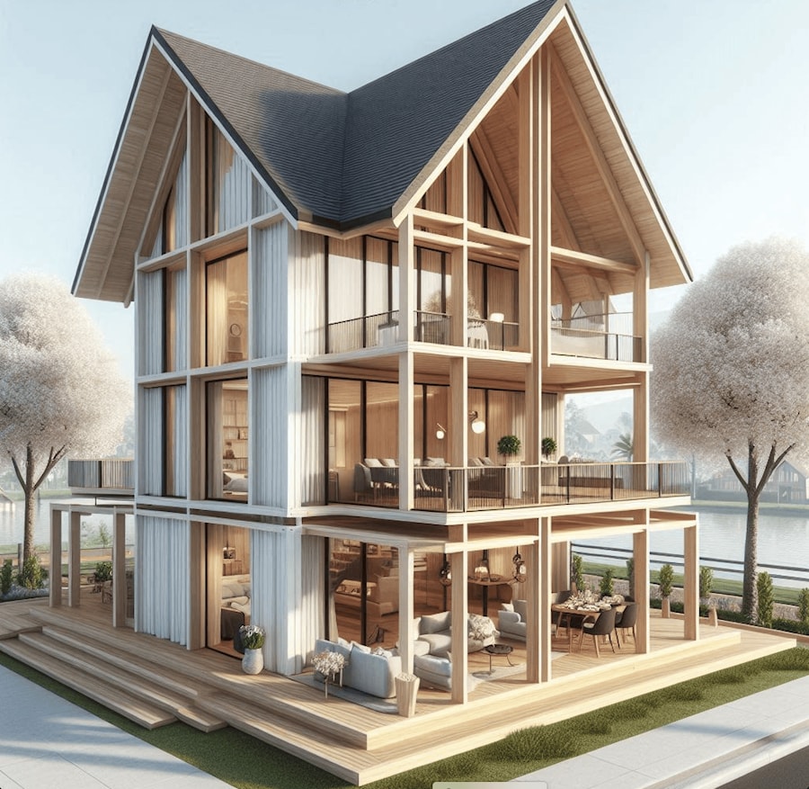 Деревянные дома башни, пять концепций от IA, искусственного интеллекта  